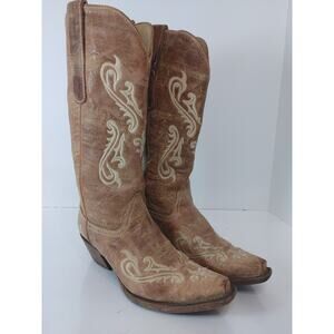 Womens Corral Leather Boots Brown With Cream Accent Pointed Square Toe Size 8 M